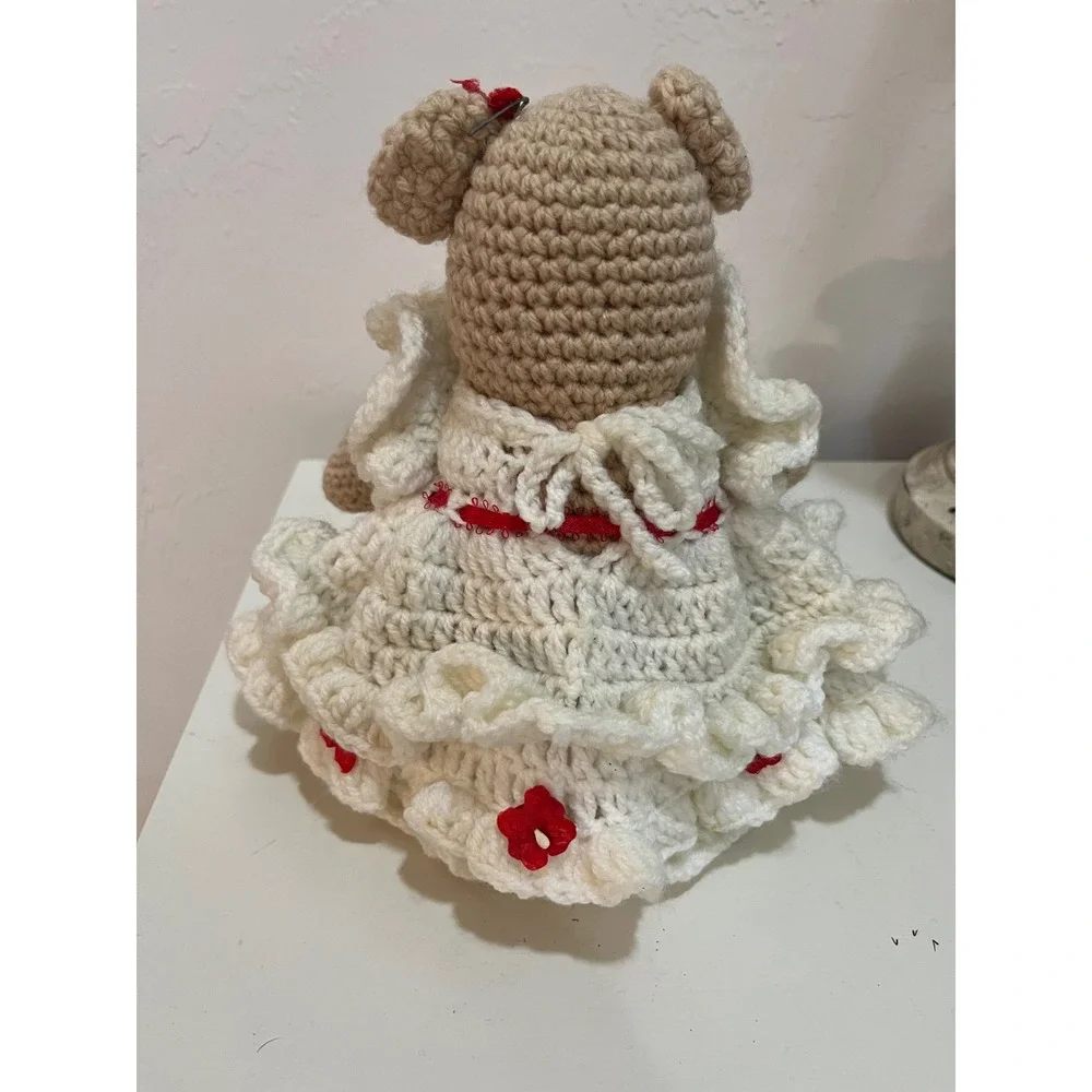 Handmade Crochet Teddy Bear‎ Plush Tan White Red Dress Small Excellent Amigurumi